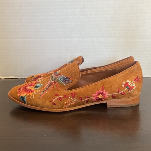 New Johnny Was Freja Embroidered Cognac Suede Leather Loafers Size 6 - Picture 4 of 16